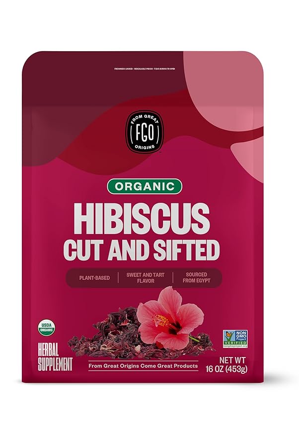FGO Organic Hibiscus Flowers Cut and Sifted 16oz Bulk Resealable Bag Packaging May Vary (Pack of 1)