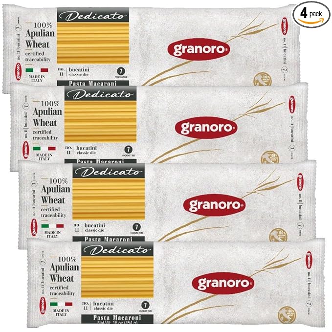 Granoro Dedicato Bucatini #11-Authentic Italian Pasta Made from 100% Puglia Durum Wheat Semolina Non-GMO Vegan 1 lb Bags (Pack of 4)