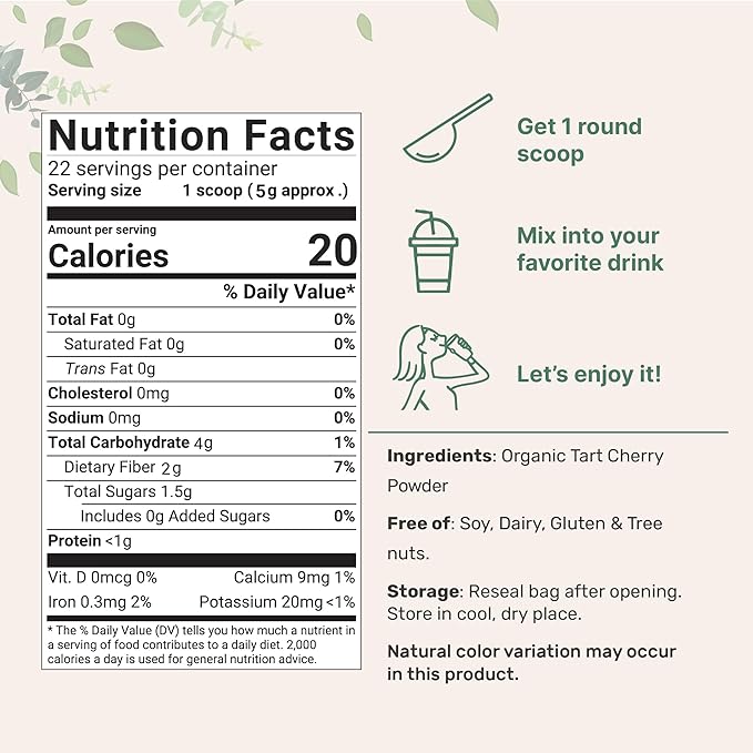 Organic Tart Cherry powder 4oz | 100% Natural Fruit Powder | US Grown Tart Cherries Source | No Sugar &amp Additives | Great Flavor for Drinks Smoothie &amp Beverages | Non-GMO &amp Vegan Friend