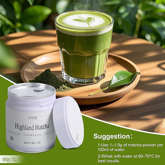 Letstay Matcha Matcha Powder Ceremonial Grade Highland Matcha Tea Organic Matcha Green Tea - Premium 1st Harvest - Zero Sugar Halal Certified &amp SGS Certified &amp FSSC 22000 30g (1.06oz) Tin