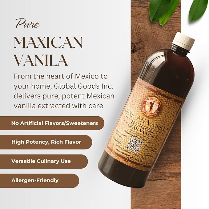 Pure Clear Mexican Vanilla Extract (33.81 fl oz)– Gluten-Free Coumarin-Free Vanilla for Baking Cakes Cookies Coffee &amp Desserts – Cold Pressed Natural Vanilla