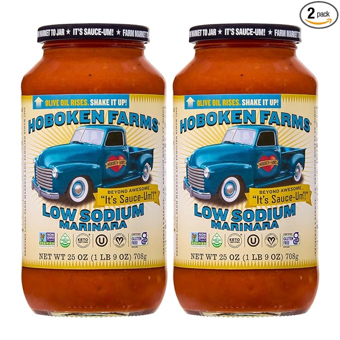 Hoboken Farms Low Sodium Marinara Sauce - Keto Certified No Sugar Added Non GMO Project Verified Plant Based and Paleo Friendly (25 Fl Oz Pack of 2)