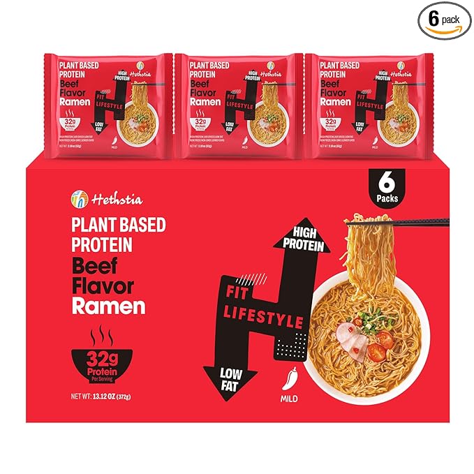 Hethstia High-Protein Ramen Spicy Beef Flavor With 32g Plant-Based Protein 6-Pack Instant Healthy Ramen Noodle Soup Non-Fried Non-GMO Low Fat Vegetarian-Friendly