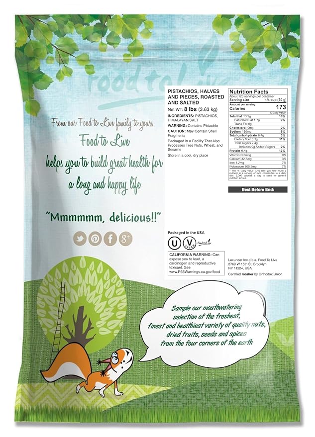 Food to Live Pistachios Halves and Pieces Roasted and Salted 8 Pounds – Crunchy Delicious and Nutrient-Rich Snack High in Protein and Fiber Nuts Perfect for On-the-Go Salads or Baking Vegan
