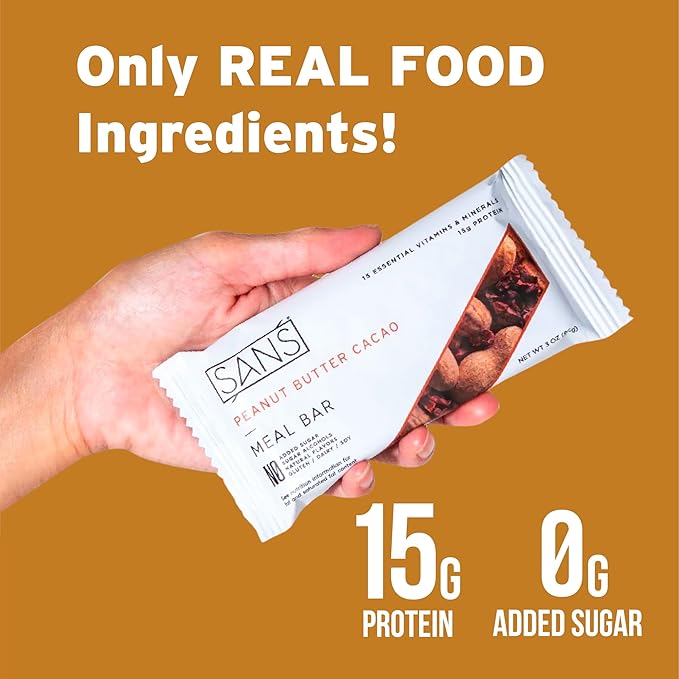 SANS Meal Replacement Protein Bar Gluten Free Healthy High Protein Snacks High Fiber No Sugar Added Dairy Free Soy Free Variety Pack 30 Bars