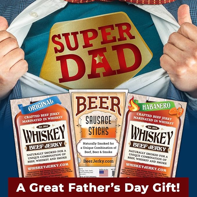 WhiskeyJerky.com Beef Jerky and Sausage Sticks Marinated in Whiskey Variety 3-Packs Jerky Gifts for men (Orig &amp Habanero Whiskey Jerky/Beer Sausage)