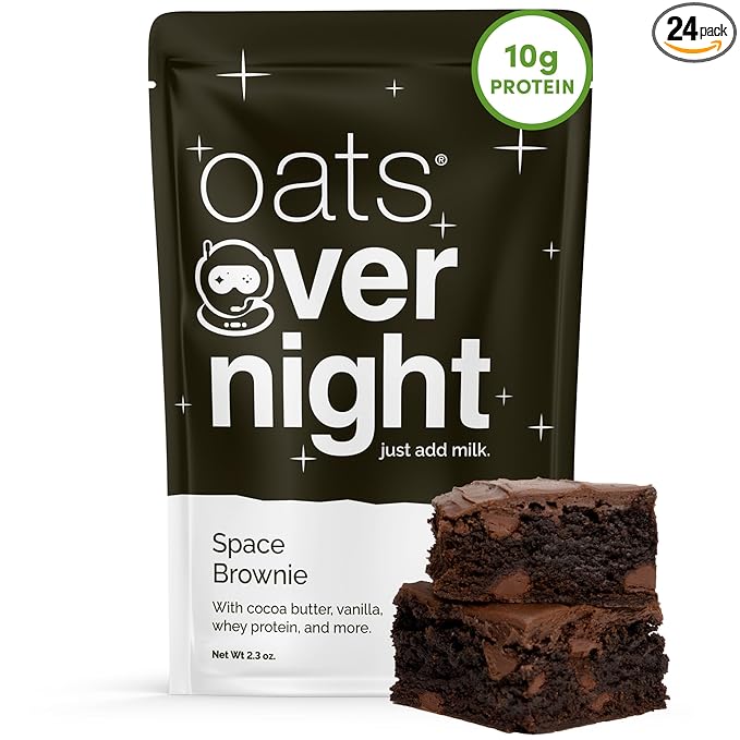 Oats Overnight Space Brownie - Overnight Oats with 10g Whey Protein High Fiber Breakfast Protein Shake - Gluten Free Oatmeal Non GMO High Protein Oatmeal (2.3 oz per Meal) (24 Pack)