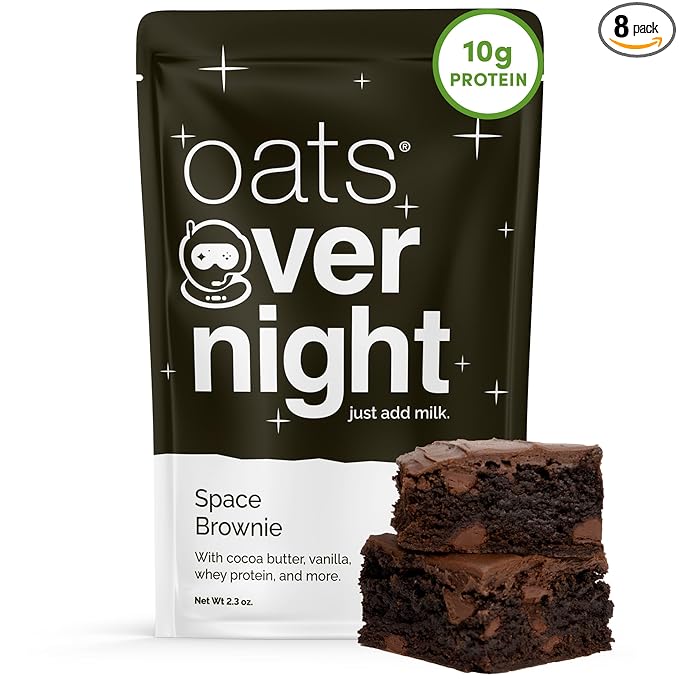 Oats Overnight Space Brownie - Overnight Oats with 10g Whey Protein High Fiber Breakfast Protein Shake - Gluten Free Oatmeal Non GMO High Protein Oatmeal (2.3 oz per Meal) (8 Pack)
