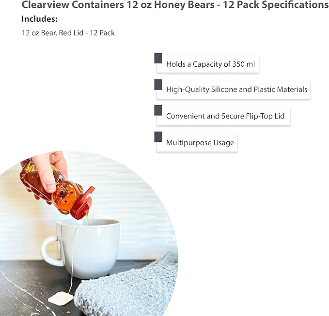 12 Ounce Clear Plastic Squeezable Honey Bears with Sealable Flip Top Lids - BPA Free Hand Wash Only (Red 12 Pack)