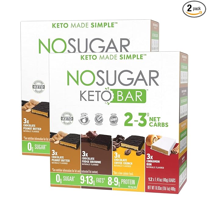 No Sugar Keto Bars - Variety Pack (Chocolate Peanut Butter Fudge Brownie Coffee Crunch Cinnamon Bun) - Low Carb No Sugar Keto Snack Food with Keto Friendly Macros (24 x 1.41oz bars)