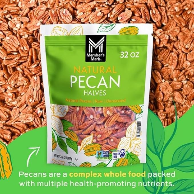 Member Mark Natural Pecan Halves 32 oz | Unsalted Raw Pecans in Resealable Bag | Fresh Crunchy Nuts for Baking Snacking &amp Cooking