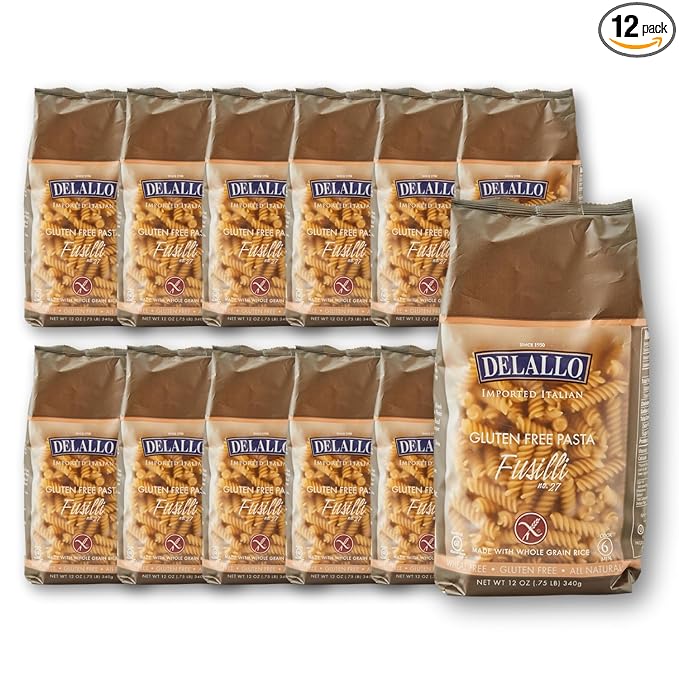 DeLallo Gluten Free Fusilli Pasta Non-GMO Made with Brown Rice Flour Whole Grain All Natural Kosher Made in Italy 12 oz Bag (12 Pack)