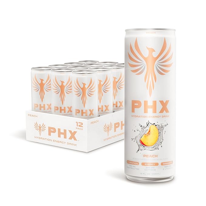 PHX Hydration Energy Drink - 700mg Electrolytes 200mg Natural Green Tea Caffeine 100% Daily Value 8 Essential Vitamins - 12 oz Cans (12 Pack) (12 Pack Peach)