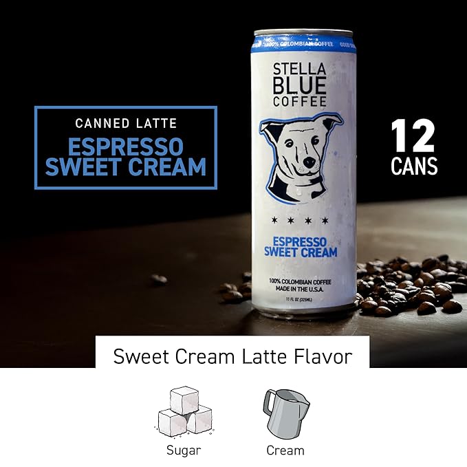 Stella Blue Espresso Sweet Cream Latte Cans Ready-to-Drink Coffee Energy Beverage 100% Colombian Coffee 190mg Natural Caffeine Gluten Free &amp Good Source of Protein 11oz Can 12 Pack