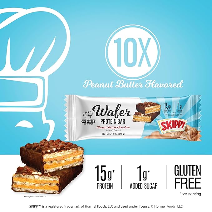 Genius Gourmet SKIPPY® Peanut Butter Chocolate Flavored Wafer Protein Bars15g Protein per serving (30% DV) 1g Sugar Chocolatey Snack Bar – 10 Count