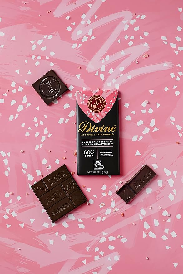 Divine Chocolate Bars - 60% Dark Chocolate with Pink Himalayan Salt - Made with Fairtrade Cocoa Natural Ingredients No Artificial Flavors | 3oz. Bars (12 Pack)