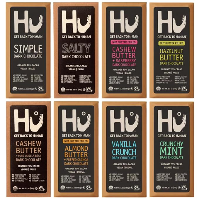 HU Dark Chocolate Bars Variety Pack 8 Count – Simple Salty Cashew Buter Raspberry Hazelnut Btr Cashew Bttr &amp Vanilla Bean Almond Butter &amp Puffed Quinoa Vanilla Crunch &amp Crunchy Mint