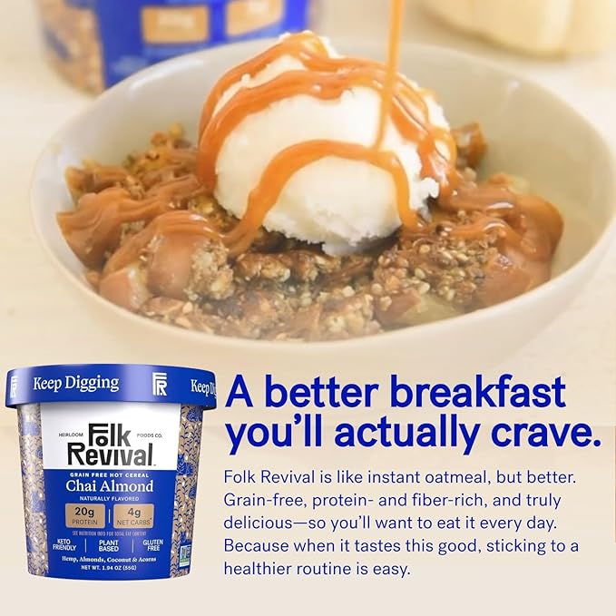 Folk Revival Chai Almond Keto Instant 'Oatmeal' - 20g Protein 4g Net Carbs High Fiber Non GMO Gluten Free Made with Acorns - 12 Cups Per Case