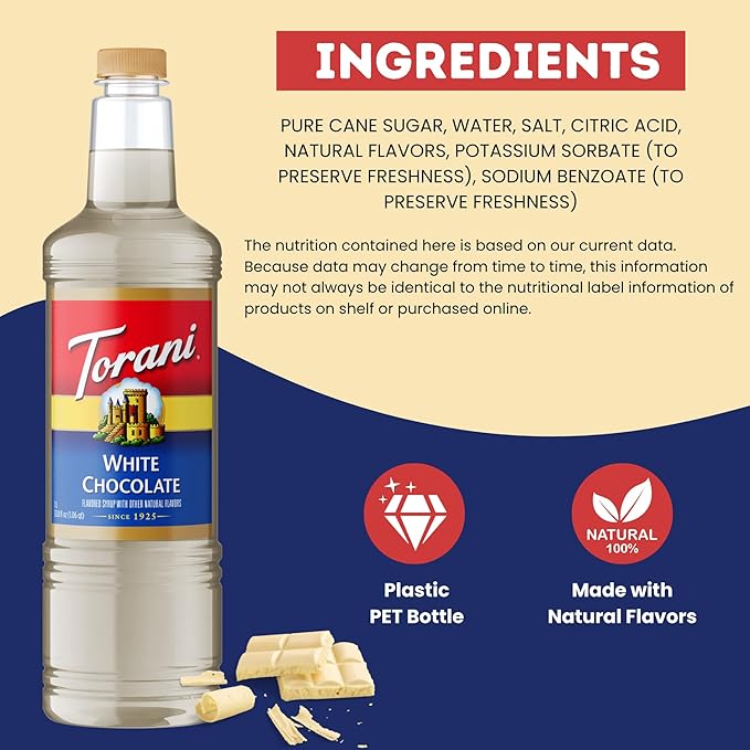 Torani White Chocolate Syrup 1 Liter Bottle with Pump – Premium Coffee Flavoring with Natural Ingredients for Lattes Mochas Desserts Cocktails &amp Baking – Café-Style Sweetener for Home Baristas