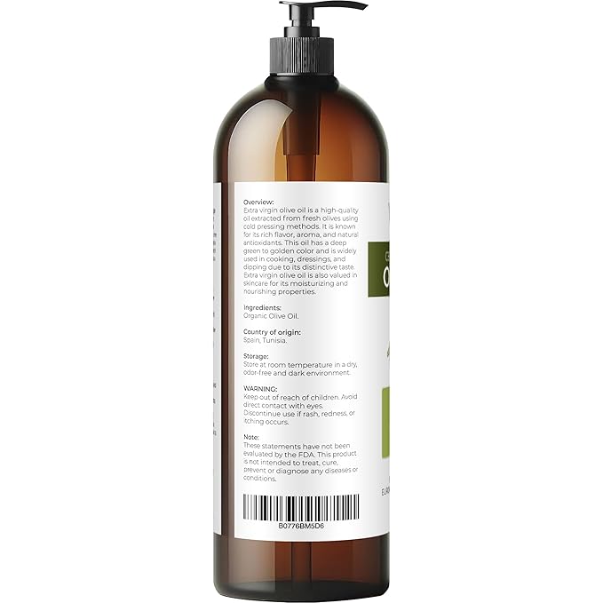 velona USDA Certified Organic Olive Oil - 32 Fl Oz | 100% Pure and Natural Carrier Oil | Extra Virgin Unrefined Cold Pressed | Cooking Dressing Face Hair Body &amp Skin Care | Use Today - Enjoy