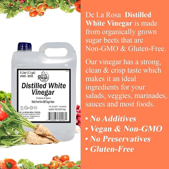 De La Rosa Distilled White Vinegar Raw &amp Unfiltered Kosher for Passover Vegan &amp Gluten Free Great for Salad Dressing Marinades White Distilled Vinegar 5 Liter (Pack of 1)
