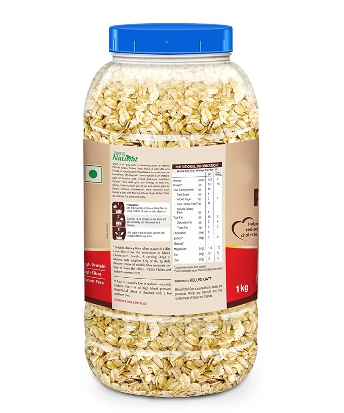 Manna 100% Rolled Oats 2kg | Gluten Free | Traditional Oats | Diabetic Friendly | 100% Wholegrain 1kg (Pack of 2)