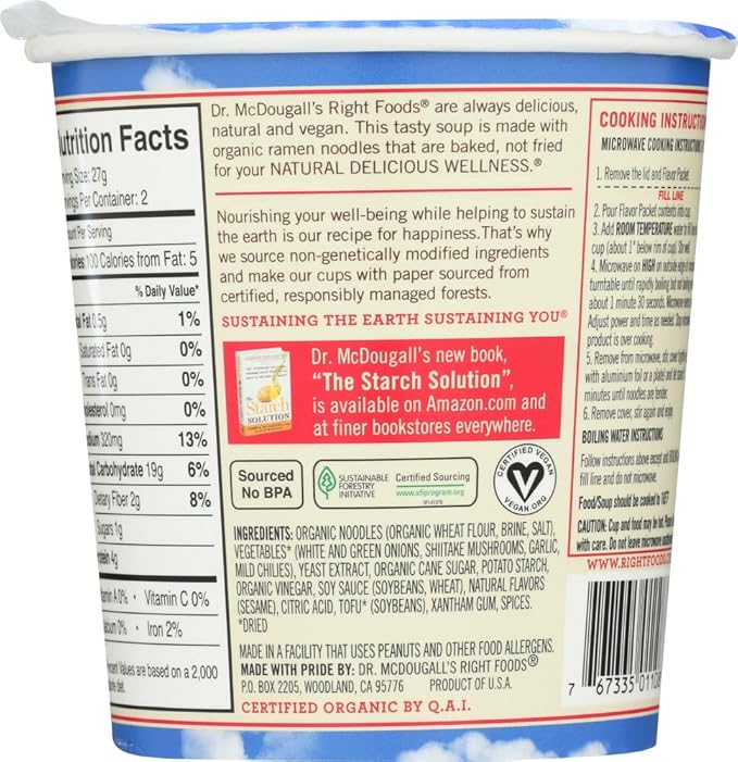 Dr. McDougall's Right Foods Vegan Hot and Sour Ramen 1.9 Ounce Cups (Pack of 6)