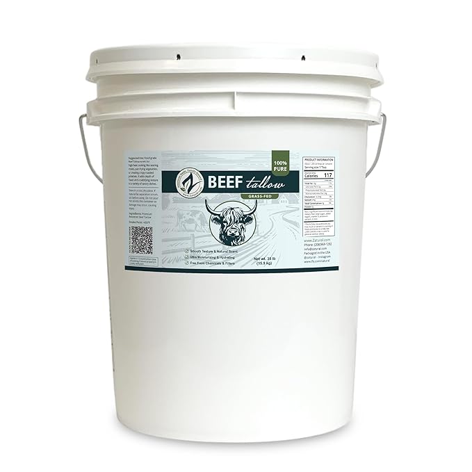 Zatural 100% Pure Grass-Fed Beef Tallow ~5 Gallon – Deodorized &amp Refined Food-Grade Fat for Cooking Frying Skincare Soap Making &amp DIY Balms (35 Pounds)