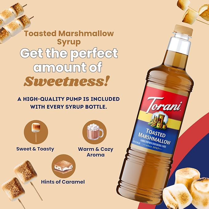 Torani Toasted Marshmallow Syrup 1 Liter Bottle with Pump Dispenser – Rich Coffee Flavoring Made with Pure Cane Sugar &amp Natural Flavors – Perfect for Lattes Desserts &amp Beverages