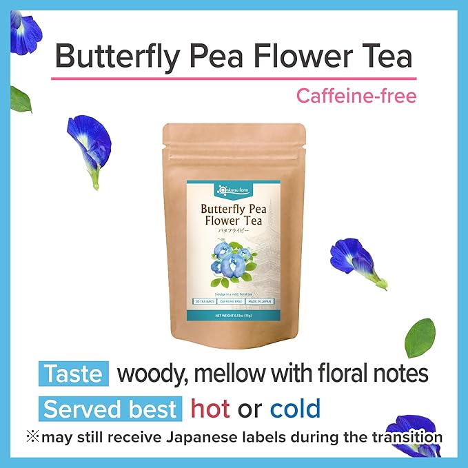 Onkatsu Farm Butterfly Pea Flower Premium Japanese Tea Bags Mellow Woody Flavor Hot or Iced Caffeine Free 30 Total Tea Bags