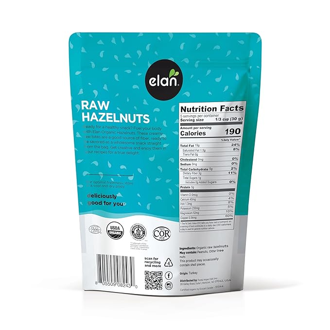 Elan Organic Raw Hazelnuts 5.8 oz Unsalted Unroasted Shelled Raw Nuts With Skins Healthy Snacks Non-GMO Vegan Gluten-Free Kosher Filberts