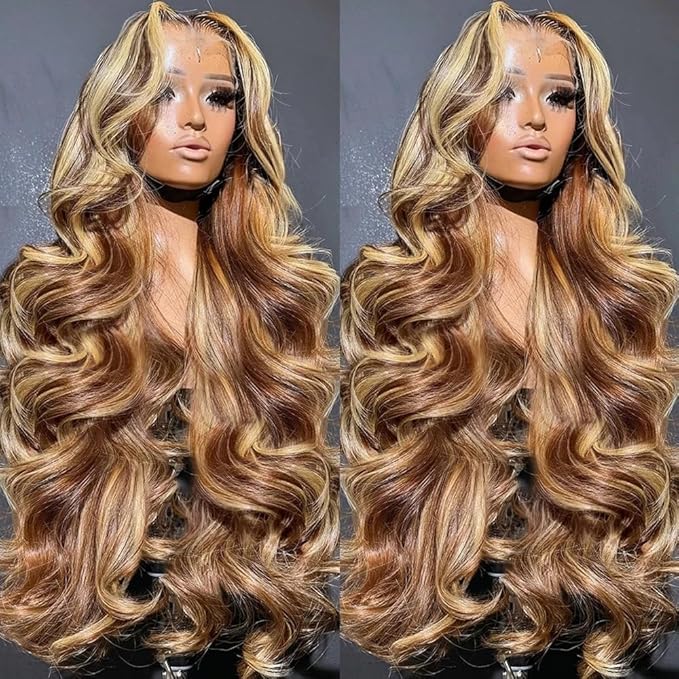 32 Inch Highlight Ombre Lace Front Wig Human Hair 13X4 HD Honey Blonde Wig Human Hair 4/27 Colored Body Wave Lace Frontal Wigs Human Hair Glueless Pre Plucked Wigs With Baby hair