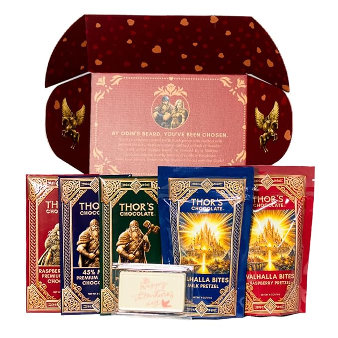 Thor's Chocolate Artisan Valentine’s Day Chocolate Gift Box | Milk Dark Raspberry Pineapple Pretzel Gourmet Bean to Bar Small Batch Ethically Sourced Ultra Smooth Limited-Edition Seasonal Gif