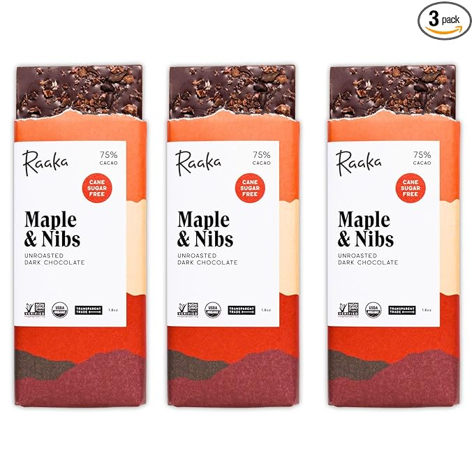 Raaka Chocolate Maple &amp Nibs 75% Cacao Dark Chocolate | Gourmet Dark Chocolate Gift | Organic Paleo Vegan Fair Trade Soy Free Non GMO Gluten Free Kosher | 1.8oz Bars 3-Pack