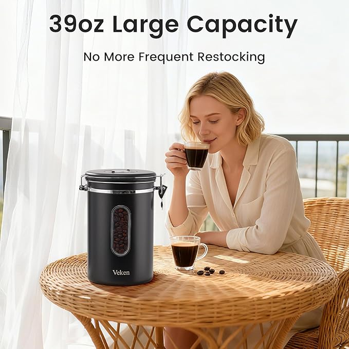 Veken Large Coffee Canister with Window Kitchen Food Storage Airtight Stainless Steel Container for 2.2lbs Coffee Beans Grounds RiceTea Flour Cereal Sugar JarsDate Tracker and Scoop 39ozBlack