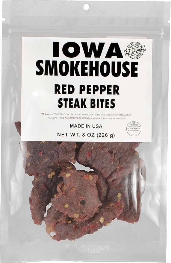 IOWA SMOKEHOUSE Steak Bites Red Pepper - Tender Nugget Meat Snack - All Natural &amp Gluten Free - 9g of Protein All USA Beef - 8 Oz (resealable bag)
