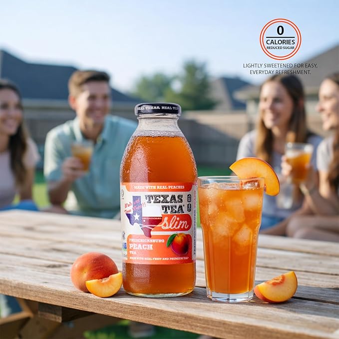 Texas Tea SLIM Fredericksburg Diet Peach Tea – Zero Calories Reduced Sugar Organic Black Tea with Real Texas Peaches Small-Batch Brewed 12-Pack 16oz Glass Bottles Southern Sweet Iced Tea