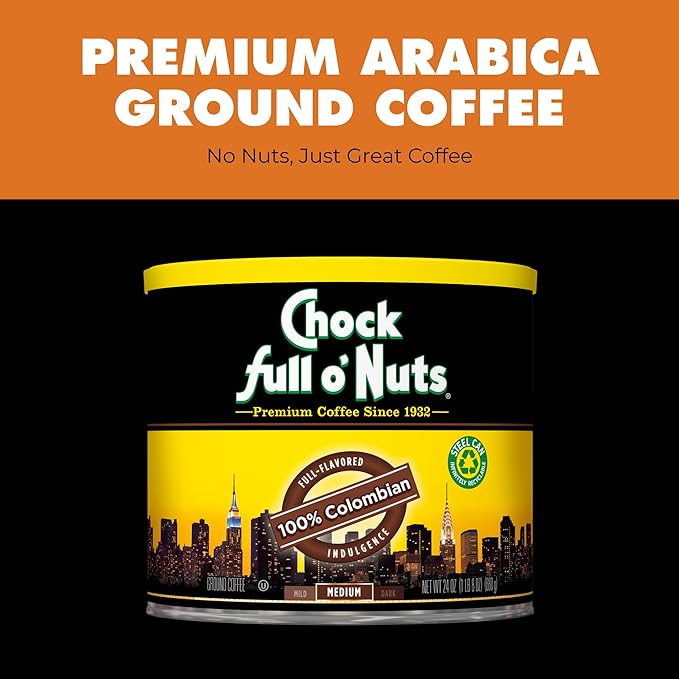 Chock Full o' Nuts Colombian Ground Coffee – Premium Beans in Recyclable Steel Can – Rich Flavor &amp Aroma Dark Roast – Perfect for Drip Pour-Over Percolator – 24 Oz Can