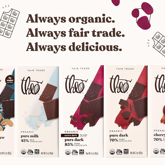 Theo Chocolate Pure Organic Dark Chocolate Bar 85% Cacao 6 Pack | Vegan Fair Trade
