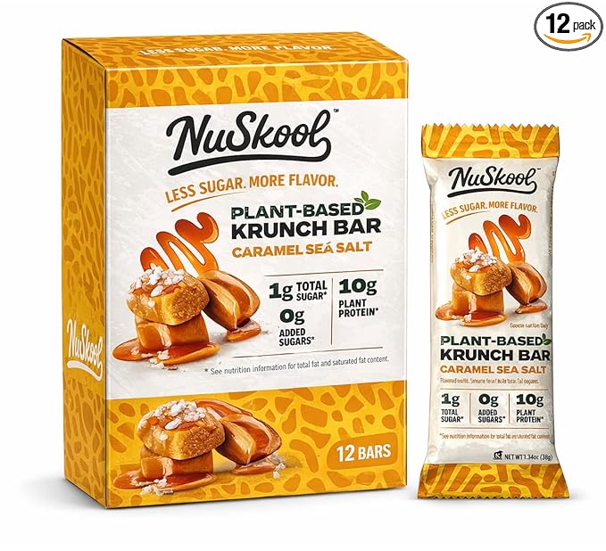 NuSkool Keto Friendly Krunch Bars - 7g Fiber 10g Plant-Based Protein 3g Net Carbs - Gluten-Free Non-GMO Vegan (12 Count Caramel Sea Salt)