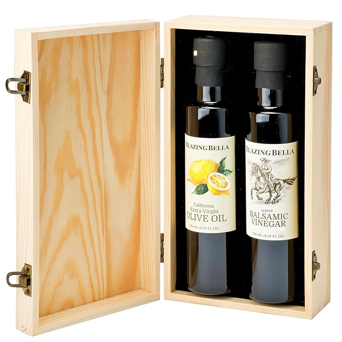 Blazing Bella White Balsamic and Lemon Olive Oil Gift Set 2 x 250ml Bottles in Signature Wooden Box Barrel Aged Balsamic from Modena and California Extra Virgin Olive Oil