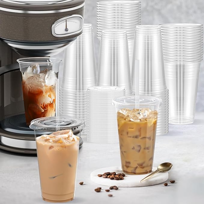 100 Pack - 20 oz Clear Plastic Cups with Lids and Straws Sturdy &amp Food Safe Iced Coffee Cups with lids Disposable Plastic Smoothie Cups for Cold Drinks