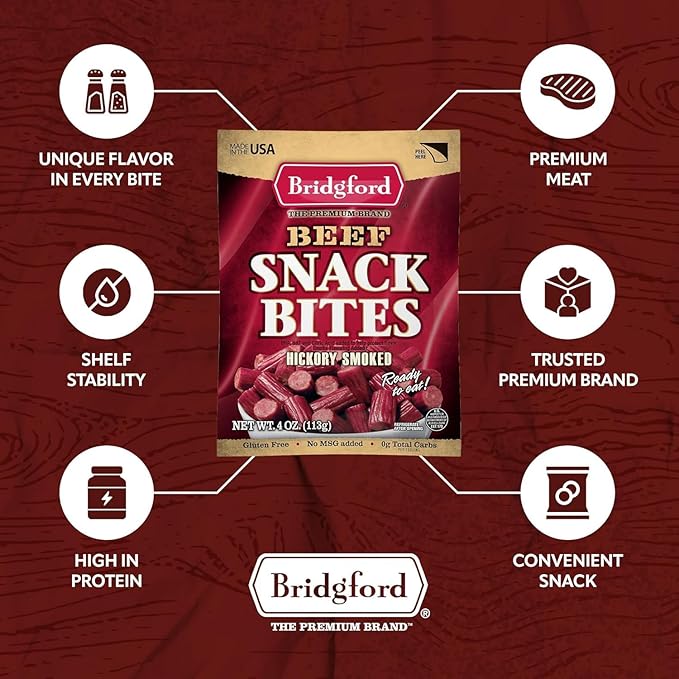 Bridgford Beef Snack Bites 4 oz Pack of 4 - Ready-to-Eat Snacks for On-The-Go Snacking - Gluten-Free Zero Carbs Meat Snacks for Adults - Keto Beef Snack Bites for Your Keto Diets
