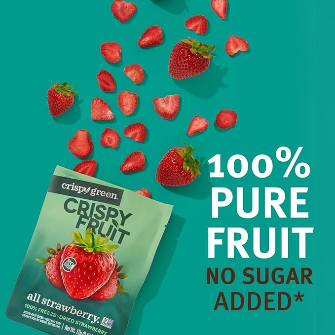 Crispy Green Freeze-Dried Strawberry Fruit Snacks 0.42 Oz (Pack of 12) 100% Pure Fruit All-Natural No Added Sugar Single-Serve Bags for Healthy Snacks &amp School Lunches