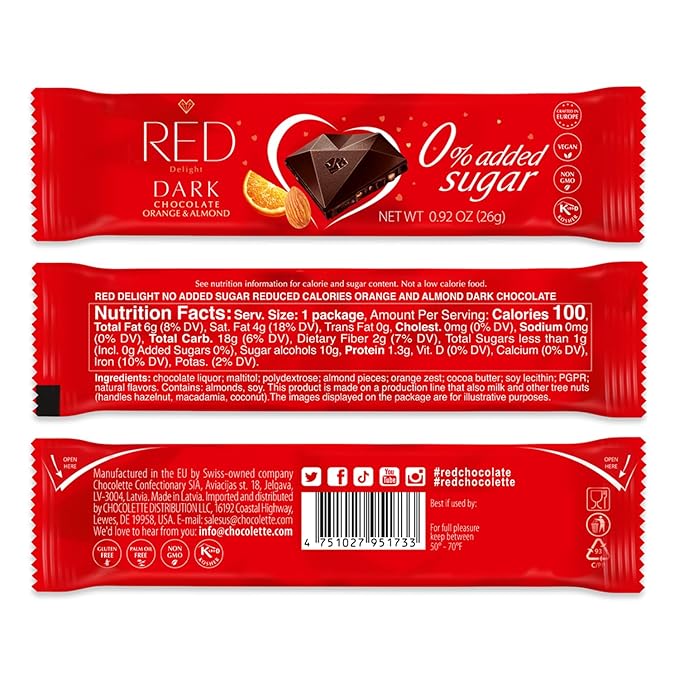 RED Delight®™ Orange and Almond Dark Chocolate 12 Count Box of Grab N Go Travel Size Bars (0.92 Ounces Each) (7 Boxes - Total of 84 Bars)