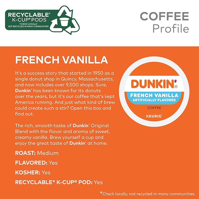 Dunkin' Donuts French Vanilla Keurig Single Serve K-Cup Pods Light Roast 22 Pods Per Pack Case Of 4 Packs