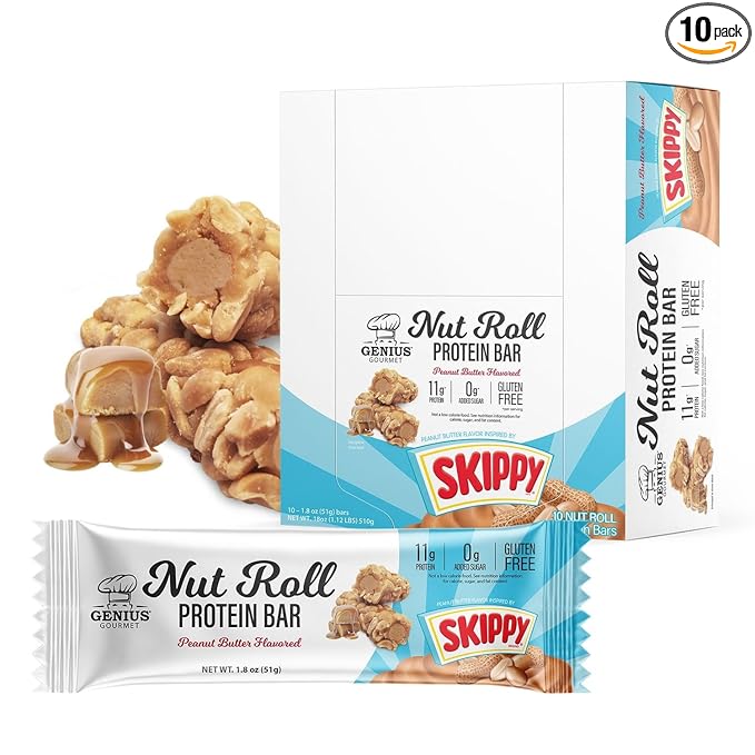 Genius Gourmet SKIPPY Peanut Butter Flavor Inspired Protein Nut Roll Bar11g Protein per serving(18% DV) 0g Added Sugar Carb Conscious Snack Bar Gluten Free – 10 Count