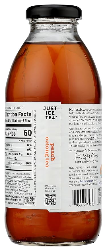 Eat The Change Just Ice Tea Organic Peach Oolong Tea Kosher 16 Fluid Ounces (Pack Of 12)