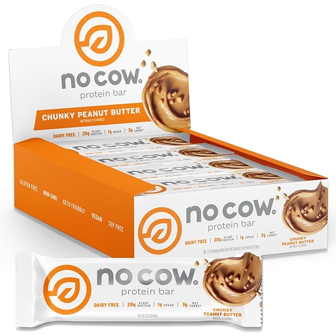 No Cow Vegan Protein Bars Upgraded Chunky Peanut Butter | 20g Plant Based Protein Gluten Free Dairy Free Soy Free Keto Friendly Low Sugar High Fiber Snack Bars | Pack of 12