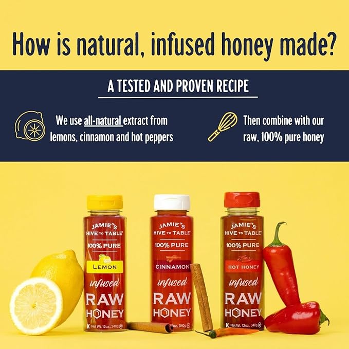 Jamie's Hive to Table Infused Honey Gift Set – Hot Lemon and Cinnamon Flavors 36 Oz Pack of 3 Squeeze Bottles – 100% Natural Raw Honey